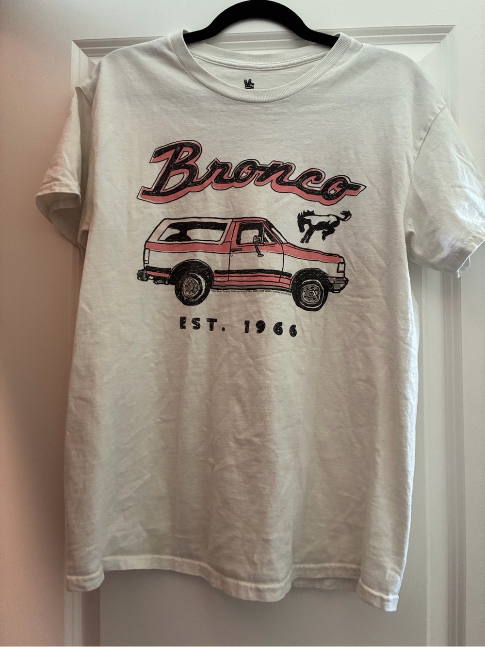 Junk Food Clothing White Tee with Pink & Black Bronco Graphic